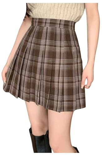 Floerns Women's Plaid Print Pleated Skirt Uniform Tartan Short Skater Skirt Coffee Brown Medium