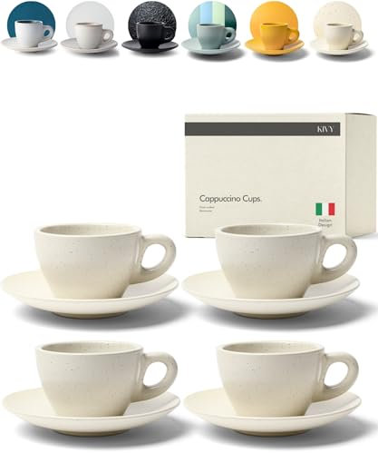 KIVY Juego de tazas de capuchino [4 tazas de 240 ml] – tazas de capuchino barista – tazas de cappuccino de gres grueso – taza con platillo – tazas de capuchino hechas a mano – apto para lavavajillas