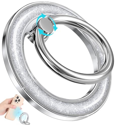SurgeCraft Phone Ring Holder Compatible with MagSafe - Magnetic Cell Phone Grip for Women Glitter Magnet Removable Finger Ring Grip Stand Cute Silver Sparkly for iPhone 17 16 15 14 13 Pro Max/Pro/Plus