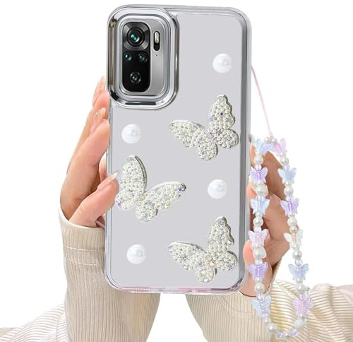 WOWUDI Kompatibel med Xiaomi Redmi Note 10 4G/Redmi Note10S 4G fodral söt klar 3D-fjäril med Snodd pärlglitter för flickor kvinnor mjuk TPU stötsäker flicka skyddsfodral – silver