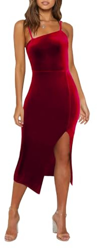 OWIN Velvet Dress for Women Sexy Spaghetti Strap Winter Wedding Guest Dress Side Slit Bodycon Formal Midi Cocktail Dress Wine Red,Small