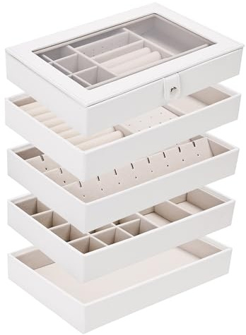 Boxudeli 5 Ebenen Schmucktablett Stapelbar, Schmuckkästchen groß Schmuckschalen Schubladedisplay mit transparentem Deckel, Schmuckaufbewahrung Organiser (Weiß, 5 Lagen Deckel zum Anbringen)