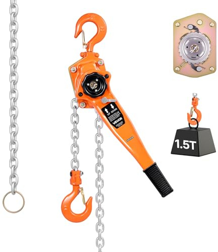VEVOR Manual Lever Chain Hoist, 1-1/2T 3300LBS Capacity Heavy Duty Come Along, 10FT Lift G80 Alloy Steel Chain with Dual Pawl Mechanical Brake,360°Rotating Hooks, for Warehouse Construction Garage