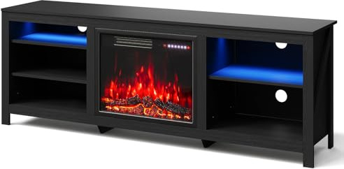 Warmiehomy Electric Fire Insert TV Stand, 78 TV Unit with Fireplace Built in, 12 Colors Moon Light & Flame Effect Support, 23 Fireplace with 5 Levels Flame Speed, Overheat Protection, Black