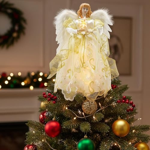 Ange De Noel pour Sapin, 3D Topper d'arbre De Noël Ange avec Lumières LED, pour Salon Bureau Cheminée Fête De Vacances Décoration