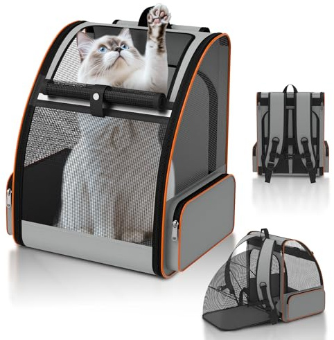 Cat Backpack Carrier Expandable for Outdoor - Foldable Cat Backpack with Breathable Mesh for Small Dog Puppy Kitten Up to 15 lbs - Soft-Sided Pet Carrier for Travel Hiking Camping (Gray)
