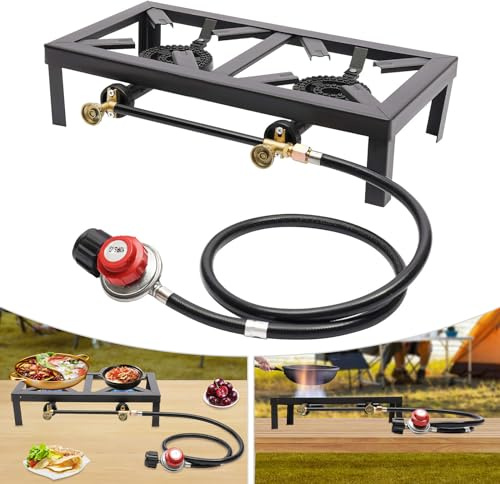 Fornello a gas a 2 fuochi, 16000 W, fornello a gas da campeggio, 2 fuochi, compatto, a gas, grande superficie di cottura (48 x 25 cm), per campeggio, picnic, giardino