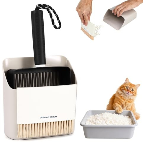 Kinberry Kattströspade med behållare och liten kvast, rostfritt stål kattlåda, spade, kattspade för kattlåda, snabb siktning, robust och hållbar, hygienisk rengöring