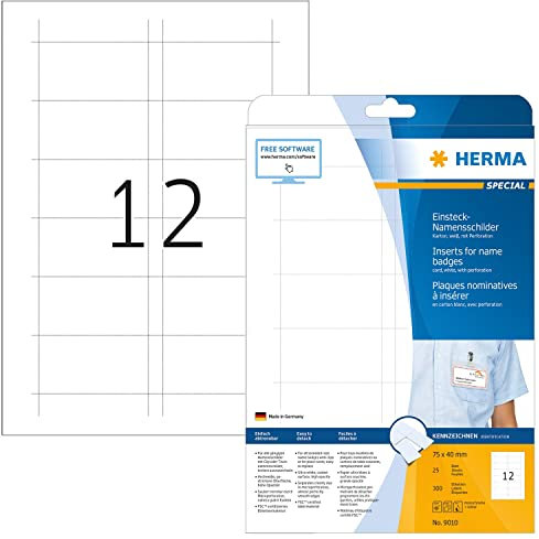 HERMA 9010 Namensschilder für Kleidung perforiert, 25 Blatt, 75 x 40 mm, 12 pro A4 Bogen, 300 Stück, bedruckbar, nicht klebende Karton Einsteckkarten mit Perforation, weiß