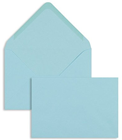100 Stück, Farbige Briefumschläge, DIN C6, Nassklebung, Spitze Klappe, 100 g/qm Offset, Ohne Fenster, Blau (Hellblau), Blanke Briefhüllen