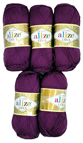 5 x 100 Gramm Wolle Diva Batik einfarbig, 500 Gramm merzerisierte Strickwolle microfiber-Acryl (lila 297)