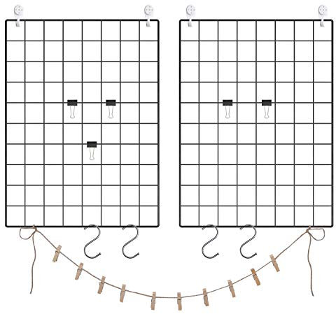 SONGMICS Griglia da Parete, Pannello Griglia, Set di 2 Espositori Foto a Parete, Decorazione in Rete Metallica, Fai da Te, Ganci a S, Mollette, Corda di Canapa, Nero LPP01H