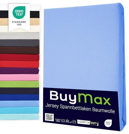 Buymax® Spannbettlaken 200x200cm Baumwolle 100% Spannbetttuch Bettlaken Jersey, Matratzenhöhe bis 25 cm, Farbe Hellblau