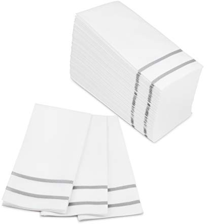 Fete Toallas de mano desechables para baño, diseño plateado, 100 toallas de invitados con tacto de lino, servilletas de cena formal, aniversario y boda para mesas, habitaciones de invitados y baños,