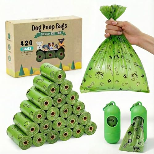 Heim & Elda - Bolsas para excrementos de perro (420 unidades), bolsas biodegradables para excrementos de perros, a prueba de fugas, ecológicas, rollos de repuesto con 2 dispensadores gratis