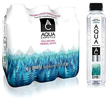 AQUA Carpatica 250ml x 6 Pure Natural Still Mineral Water - 6-Pack Bottled Water, Virtually Nitrate Free, Low Sodium, Naturally Alkaline, Natural Electrolytes, Premium Multipack 100% Recyclable