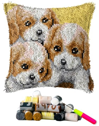 DL-YTG Latch Hook Kits Pillow 3 Puppies Crochet Yarn Cushion Colour Pre-Printed Canvas Rug Needlework DIY Pillowcase Hook and Latch Kit Christmas Home Arts Crafts Sofa Decoration 42x42cm/16X16inch