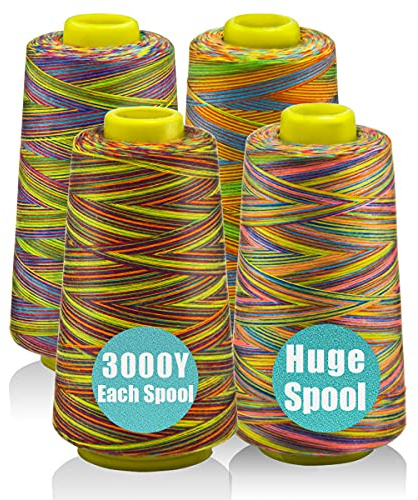 Serger Thread Cones 4 Pack of 3000 Yards Each Spool (Regular Size) All-Purpose Polyester Thread for Sewing & Embroidery Machines (4 Rainbow Colors)