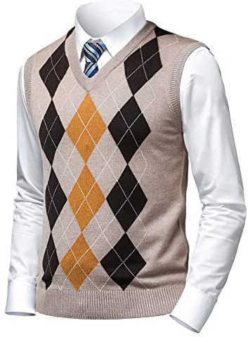 Herothorn Men's Business Sleeveless Sweater Vest Slim Fit Wool Knitted Gilets Jumper Gentleman Argyle V-Neck Pullover Tank Top for Autumn Winter