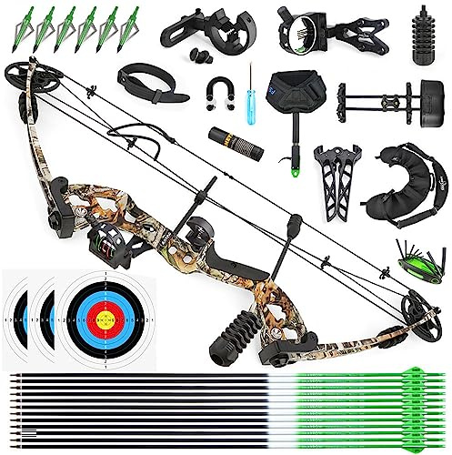 SHARROW Archery Compound Bow Kit 30-55lbs Adjustable Hunting Compound Bow and Arrows Set for Adult and Beginner Outdoor Shooting Archery Set (Right Hand, Camo)