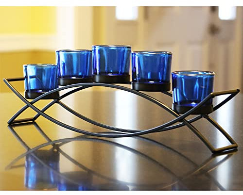 Seraphic Iron Arch Table Centerpiece Decorations Tealight Votive Candle Holder for Weddings, Patio, Kitchen, Dining Room, and Coffee Tables, Black, Blue Chunky 5 Cups