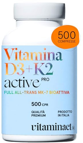 Vitamina D3 K2 (Dura 1 anno e 4 mesi) 500 Compresse - Senza Biossido di Silice, Vitamina D3 2000 UI a Compressa – Vit. K2 MK 7 - Massimo Dosaggio di Vitamine in Commercio, Prodotto in Italia.