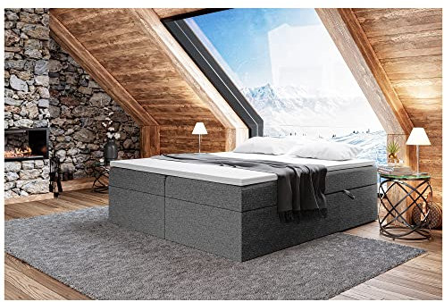 MEBLINI Boxspringbett mit Bettkasten - Gepolstert Doppelbett mit Matratze und Topper - Polsterbett mit Stauraum - Bett ohne Kopfteil - Stauraumbett - Lionel - 140x200 - H4/Dunkelgrau Webstoff