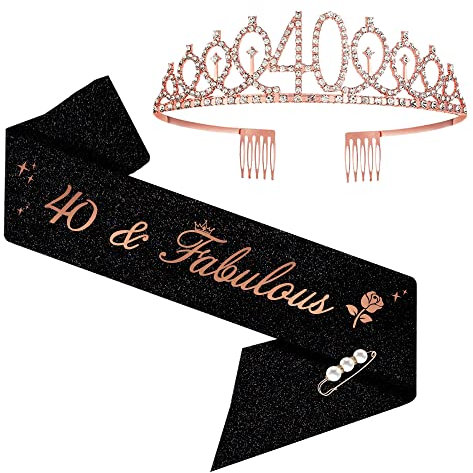 40. Geburtstags Tiara, 40 & Fabulous Geburtstags-Krone Schärpe Set, 40 geburtstag deko für 40. geburtstag frauen alles Gute zum 40. Geburtstagsgeschenk, Partyzubehör (Rosegold)