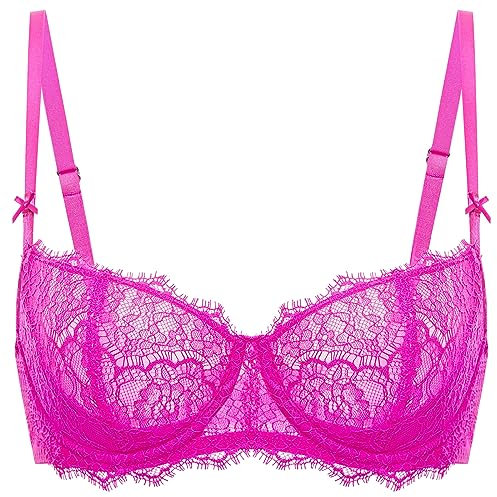 DOBREVA Femme Soutien Gorge Balconnet Push Up avec Armatures Dentelle Sexy Grande Taille Fuchsia Brillante 110E