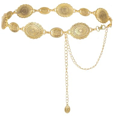FIORETTO Concho Chain Belt for Women, Metal Western Cowboy Cowgirl Waist Chain with Oval Conchos, Boho Country Style Belt for Dress & Jeans, Gold, Length 49inch