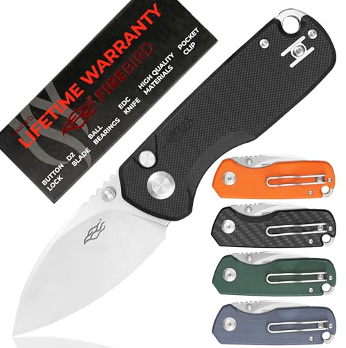 Firebird FH925-BK Cuchillo plegable de bolsillo con bloqueo de botón, hoja de acero D2, mango antideslizante G10 con clip, cuchillo utilitario para acampar al aire libre (Negro)