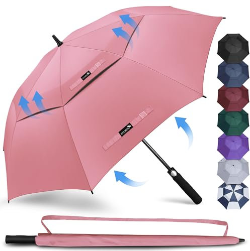 ZOMAKE Regenschirm Gross Sturmfest XL - Golfschirm Groß Windfest 62inch - Familienregenschirm Groß Sturmfest Mit Tragegurt(Rosa)
