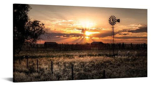 LevvArts Large Size Wall Art Rural Landscape Pictures Decor Farmhouse Windmill at Sunset Scenery Photograph Painting Canvas Print Vintage Farm Decoration 24x48