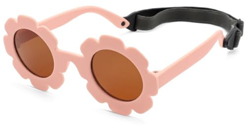 LOJUDI Sonnenbrille Baby Polarisierte mit Riemen Verstellbar Blume Silikonrahmen Baby Sonnenbrille UV400 Schutz für 0-24 Monate-Rosa/Braun
