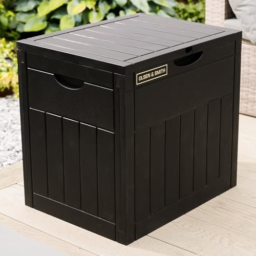 Olsen & Smith 126L Lockable Outdoor Garden Plastic Storage Box Container Chest - Small Lawn Balcony Furniture, Weather Resistant, Wood Panel Effect (Black)