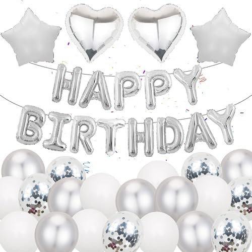 Silber Happy Birthday Geburtstagsdeko Luftballons - 37 Stücke Geburtstag Dekoration Folienballons Banner Helium Ballon Girlande für Jungen Mädchen Frauen Mann Erwachsene Kinder Party Deko