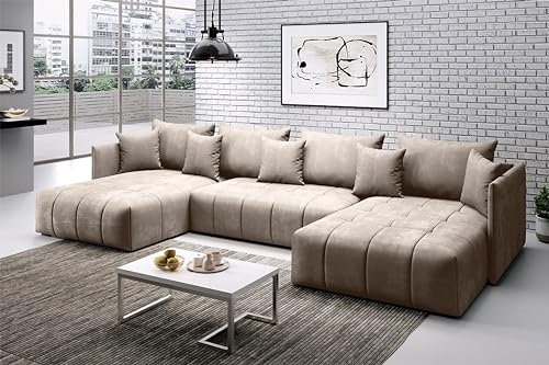 Moderno sofá cama grande en forma de U con almacenamiento convertible para sala de estar cómoda, montaje y entrega incluidos (beige crema)