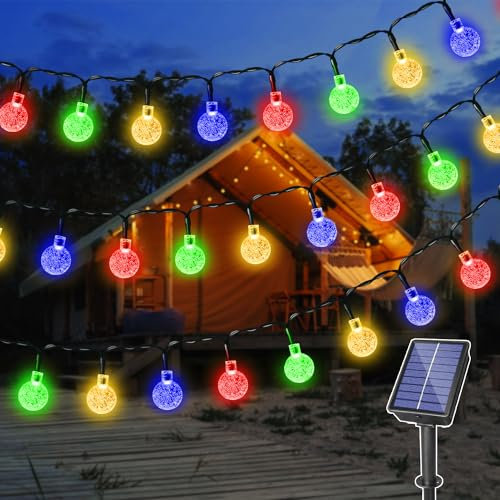 Ollny Solar Lights Outdoor Garden, 12m 100LEDs Fairy Lights Solar Powered Waterproof, Crystal Ball 8 Modes Globe String Lights for Outside Indoor Gazebo Wedding Tree Party Decorations, Multicoloured