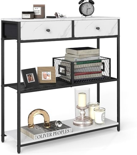 VASAGLE Mesa de Entrada Estrecha, con 2 Cajones de Tela, Mesa de Consola de 3 Niveles, 24 x 76 x 80 cm, para Entrada, Sala de Estar, Blanco Mármol y Negro Tinta LNT092W01
