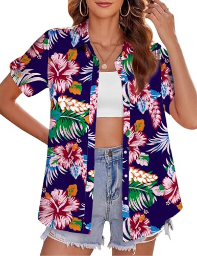 tiorhooe Chemise hawaïenne à manches courtes pour femme, motif arbre tropical, chemisier boutonné pour l'été, la plage, les vacances, Fleur rouge 1, L