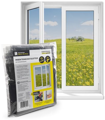 EASYmaxx Mosquitera para ventanas con cierre de gancho y bucle | Red anti insectos recortable hasta 110 x 130cm | Protección adhesiva contra Mosquitos - Fácil instalación [Negro]