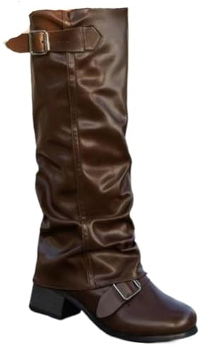 Women Slouchy Knee High Boots Flat Heel Mid Tube Knights Boots Renaissance Cosplay Boot Casual Round Toe Pull On Riding Biker Booties Riding Costume Shoes Brown