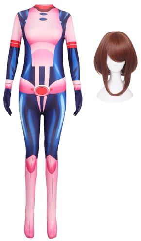 Zhongkaihua MHA Uraraka Ochako - Traje de cosplay de Roel Play, body rosa, conjunto de disfraz de Uraraka Ochako con peluca, Halloween, carnaval, fiesta para adultos