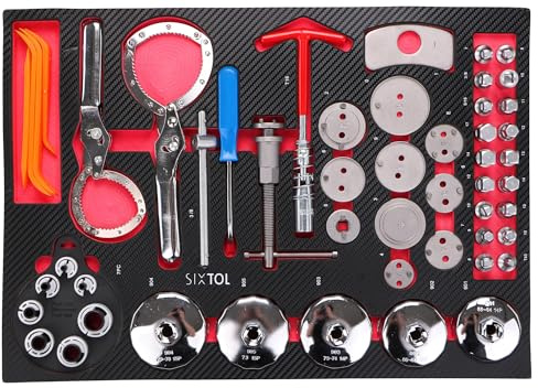 SIXTOL Mechanic Tool Tray 10 | Módulo de Herramientas 52 Piezas | Reajuste de pistón de Freno, Herramienta de Filtro de Aceite y Adaptador de línea, Inserto EVA para Carro de Taller