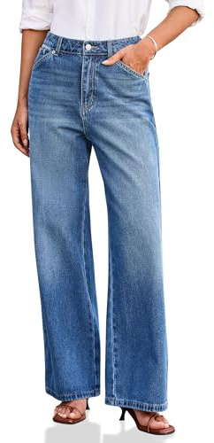 Cicy Bell Jeans da donna Baggy gamba larga pantaloni jeans vita media denim boyfriend pantaloni con tasche, Azzurro, 52