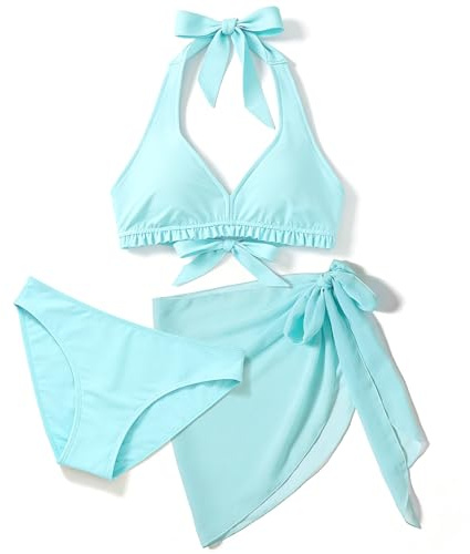 Maillot de bain 3 pièces avec corset à lacets et rembourrage intégré, pour fille, adolescente, enfant