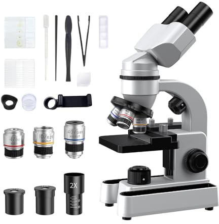 Microscopio binoculare per adulti e bambini, ingrandimento 40X-1600X con doppia illuminazione a LED, microscopio educativo biologico con kit di avviamento completo con 25+ accessori