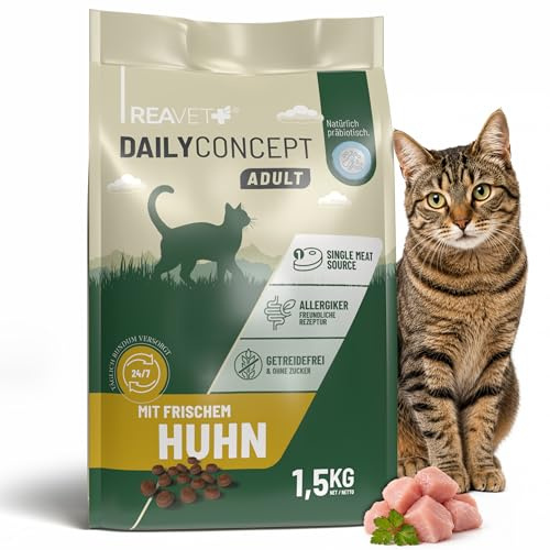 REAVET DAILYCONCEPT torrfoder för katter med färsk kyckling – torr kattmat 1,5 kg I Endast en typ av kött, spannmålsfri och utan socker – för näringskänsliga katter, allergivänlig