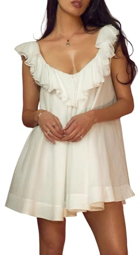 MAHUAOYIXI Robe d'Été Femme à Volants en Mousseline Robe de Plage Mini Bohème Chemise de Nuit Chic Dos Nu Sexy pour Soirée, Vacances
