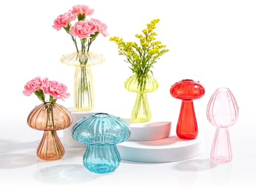LN COZY CORNER 6PCS Glass Mushroom Propagation Stations & Planter Jars, Vintage Round Mushroom Vase Set for Indoor Plants, Hydroponic Plant Propagation Vase, Decorative Glass Planters